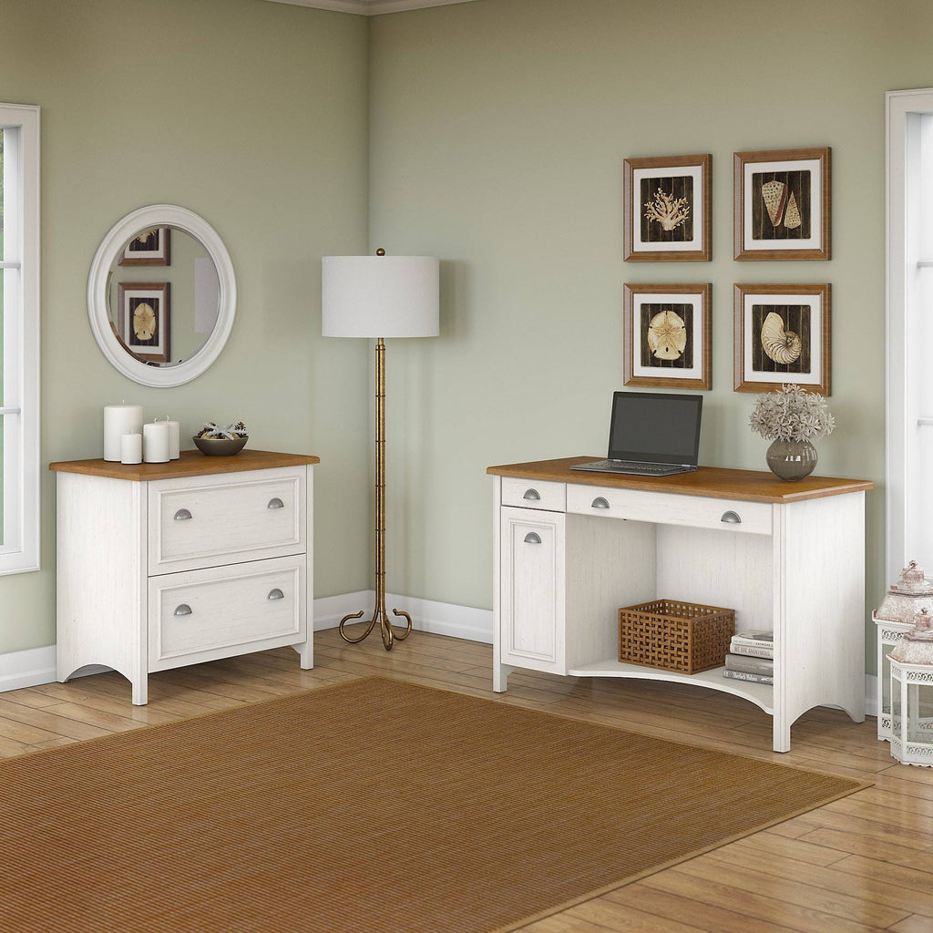 Antique White Computer Desk with 2-Drawer Lateral File Cabinet B105