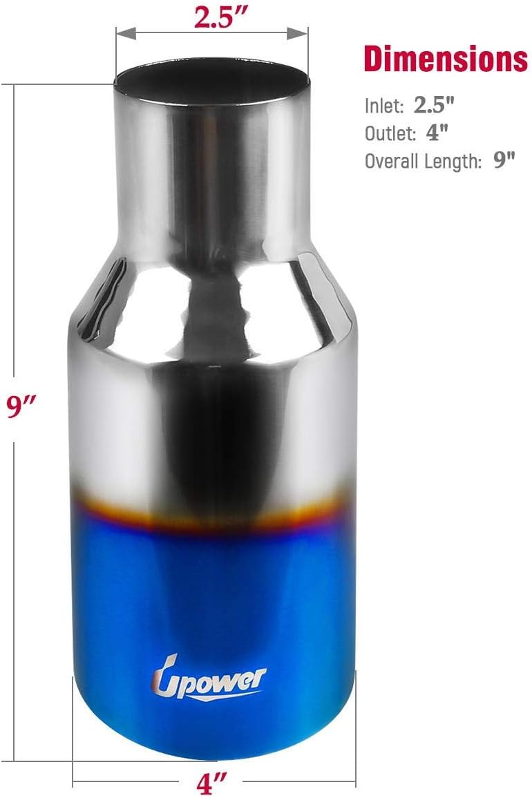 Blue Burnt Exhaust Tip 2.5" Inlet 4" Outlet 9" Long Single Wall Slant Cut 304 Stainless Steel Pack of 2 A9966