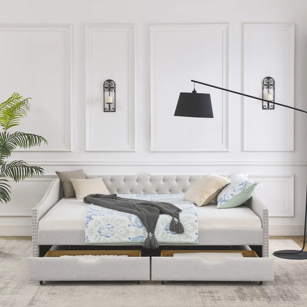 Beige Queen Size Upholstered Daybed with Drawers P327