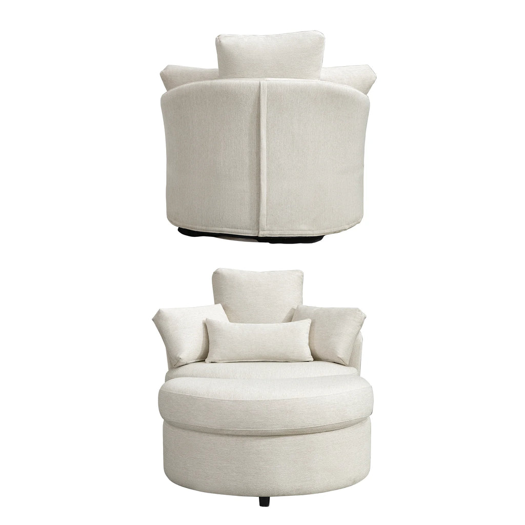 Beige Linen Fabric Swivel Accent Barrel Chair with Storage Ottoman and 3 Pillows D90405