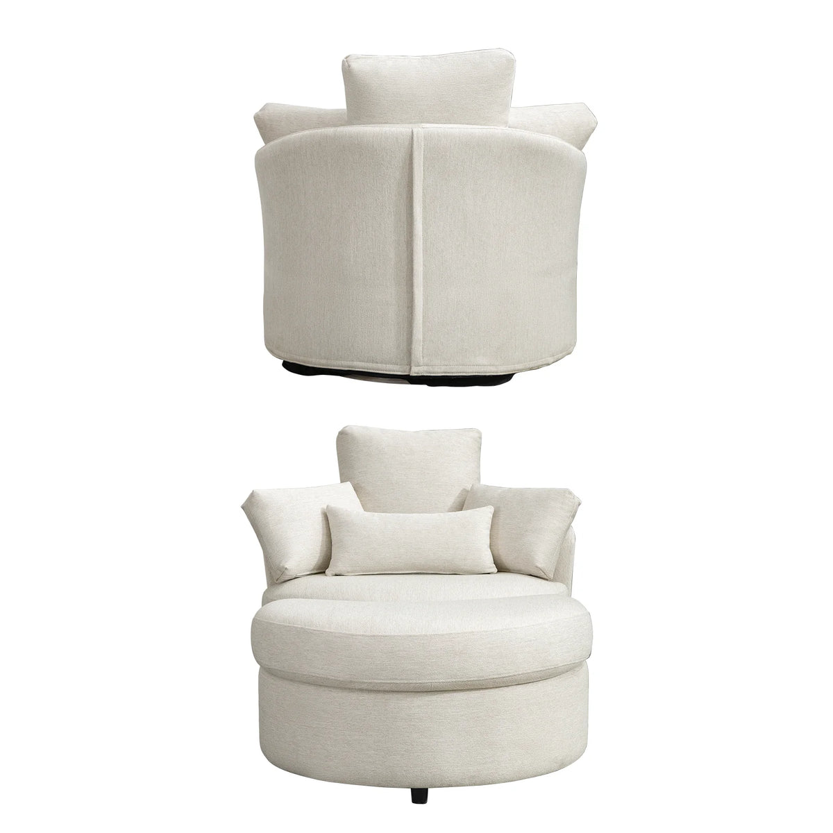 Beige Linen Fabric Swivel Accent Barrel Chair with Storage Ottoman and 3 Pillows D90405