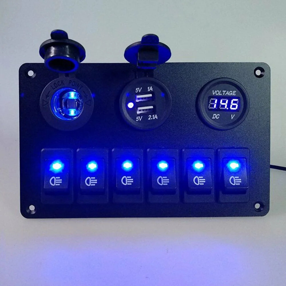 6 Gang Blue LED Rocker Switch Panel M383