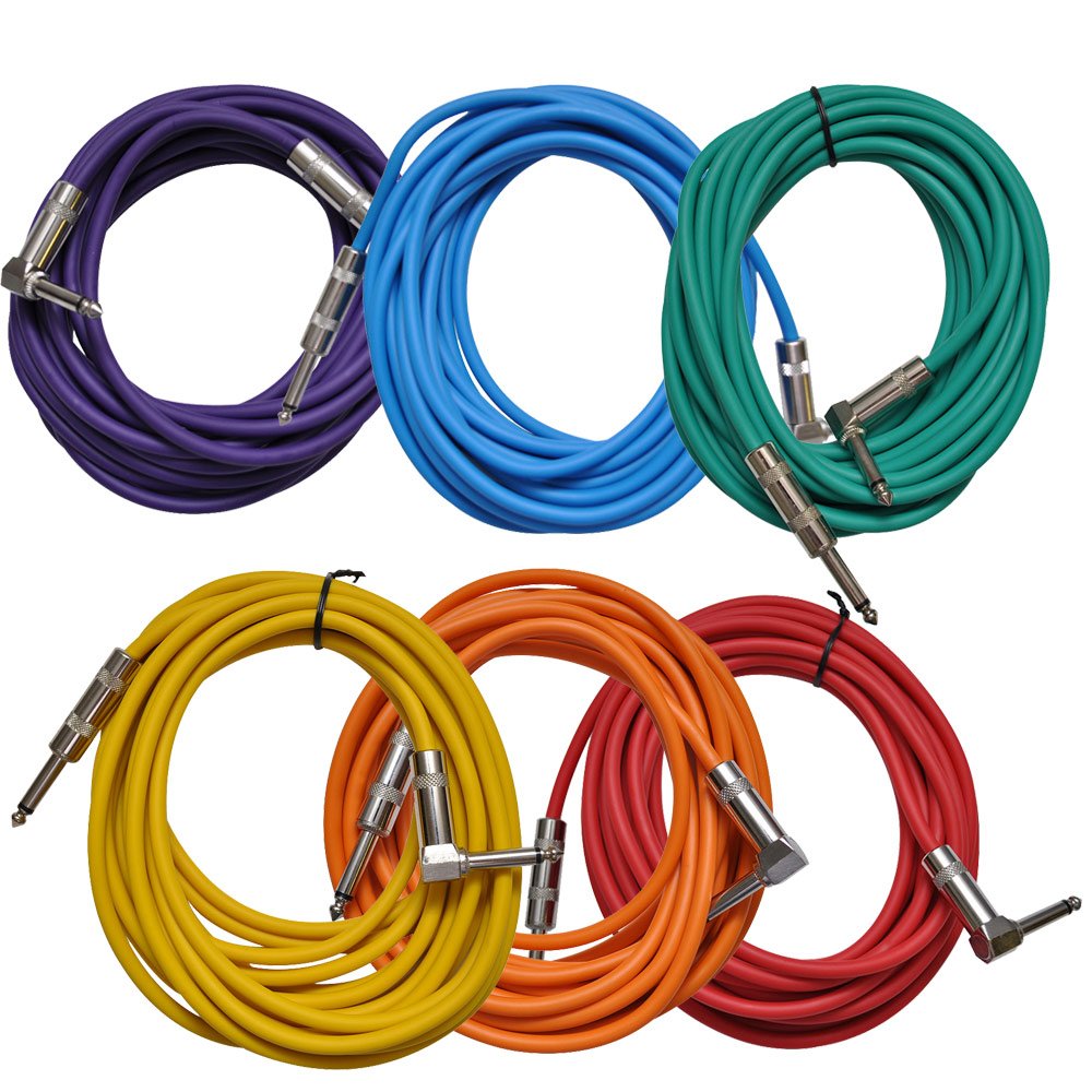 6 Pack 20 Foot Right Angle to Straight Guitar Cables R760