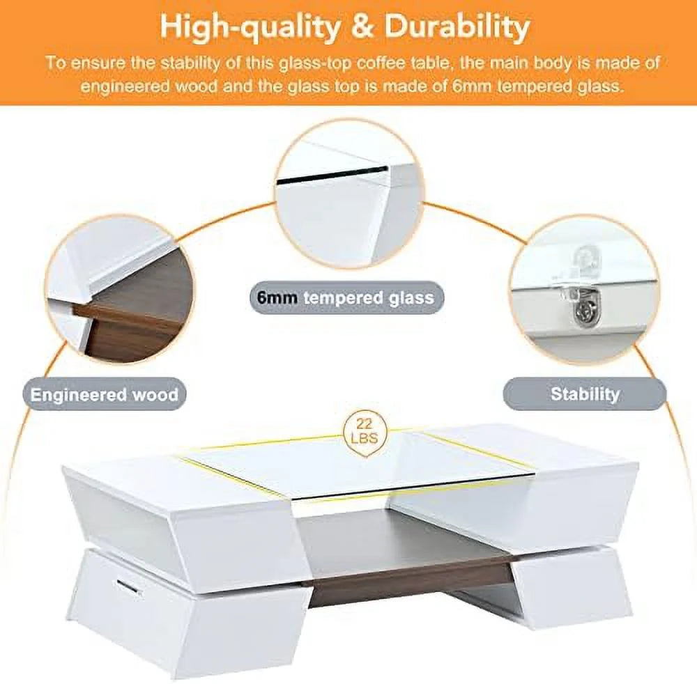 Modern High Gloss 2-Tier Coffee Table with Open Shelves and Cabinets K2917