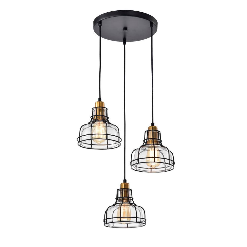 3-Light Black and Antique Gold Pendant with Clear Glass Shade U91962
