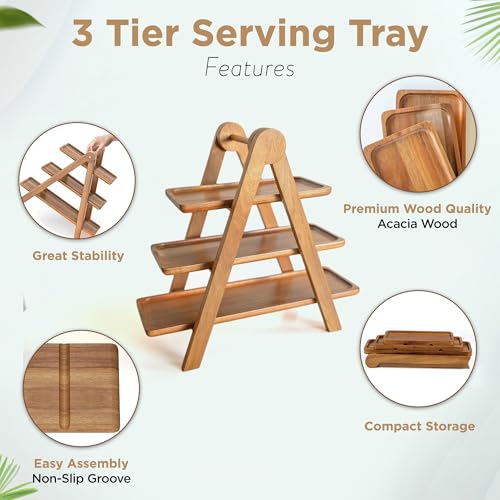 3 Tier Wooden Serving Tray Set of 2 Tongs F946191