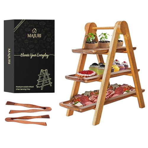 3 Tier Wooden Serving Tray Set of 2 Tongs F946191