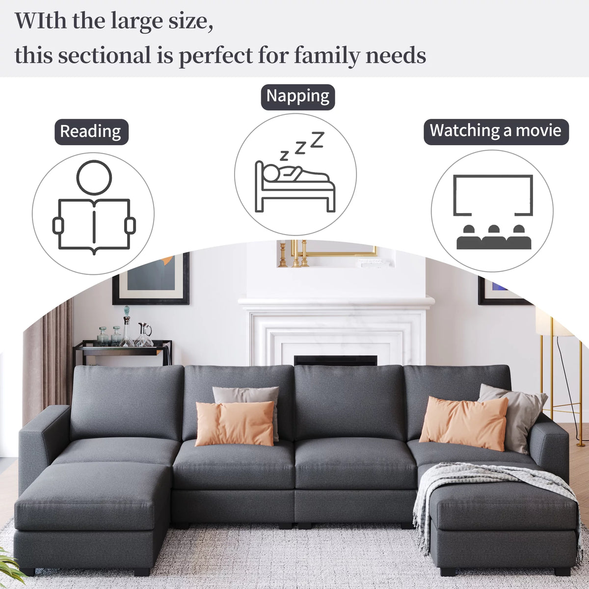 Gray U Shaped 6 Seater Sectional Sofa with Ottomans T311