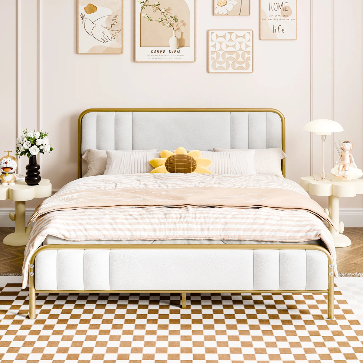 Gold Queen Size Velvet Fabric Headboard Metal Platform Bed D34523
