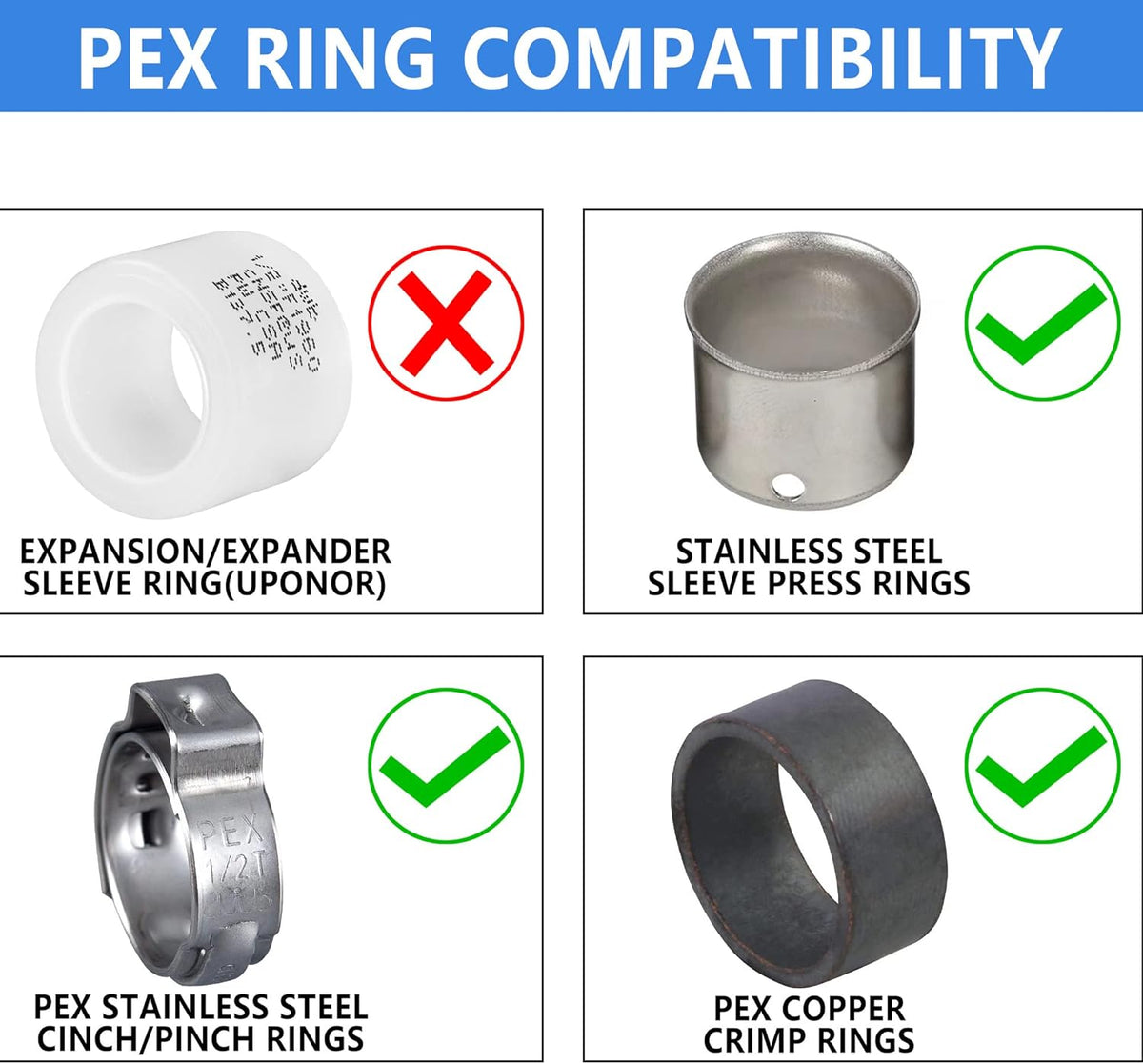 3/4" Pex Fittings Tee Elbow and Coupling, 8 Pieces Each, Lead Free Q6017