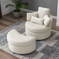 Beige Linen Fabric Swivel Accent Barrel Chair with Storage Ottoman and 3 Pillows D90405