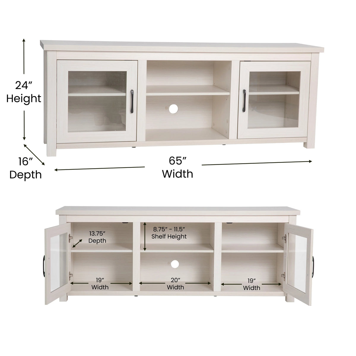 White Wash TV Stand with Glass Doors and Adjustable Shelves B33811