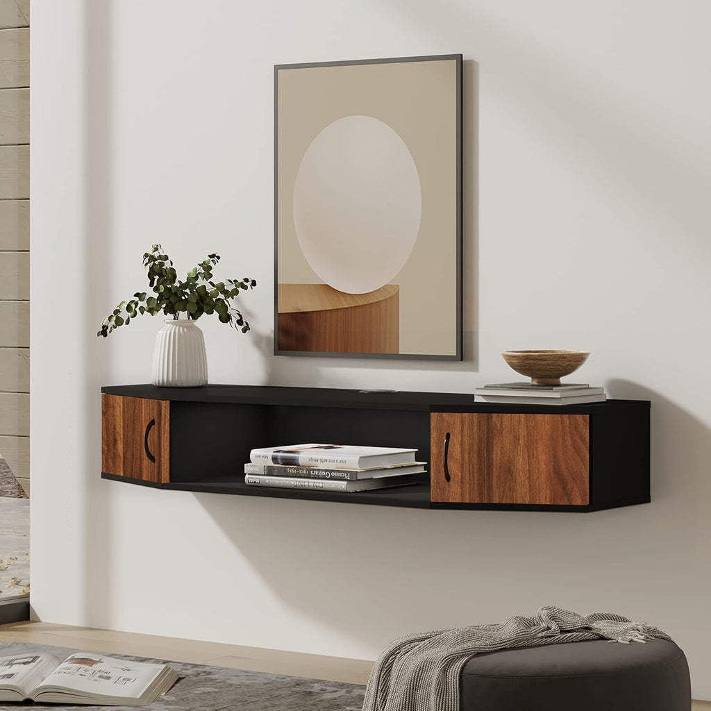 Black Floating TV Stand with Door Wood Media Console T737887