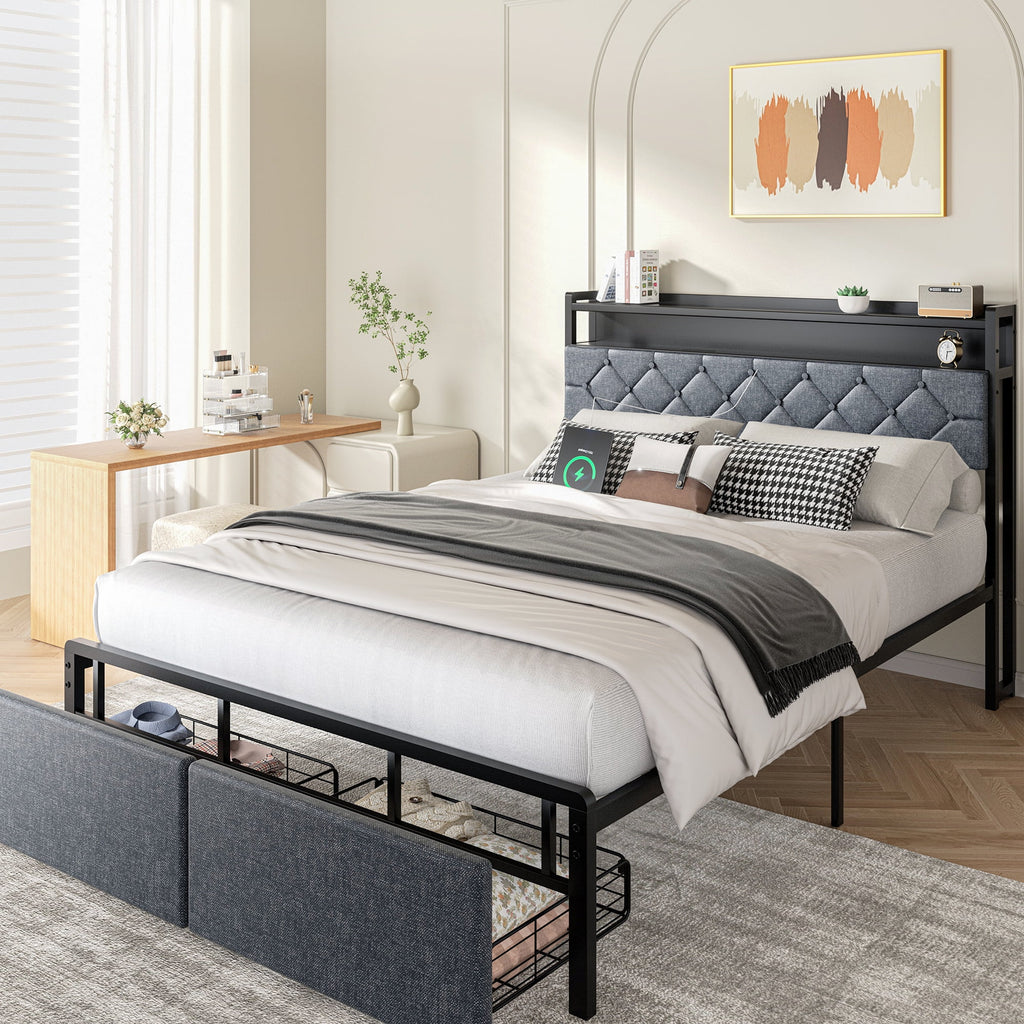 Gold Queen Size Velvet Fabric Headboard Metal Platform Bed L861540