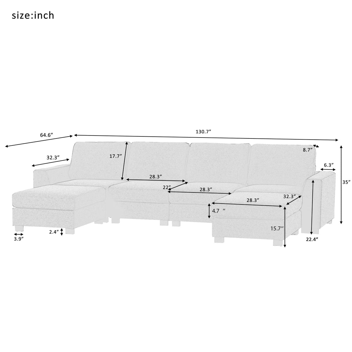 Gray U Shaped 6 Seater Sectional Sofa with Ottomans T311