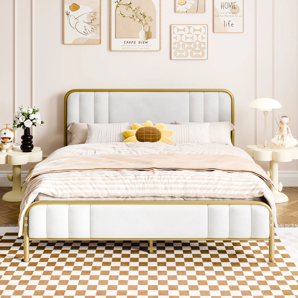 Gold Queen Size Velvet Fabric Headboard Metal Platform Bed L861540