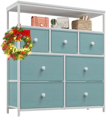 7 Drawer Fabric Dresser with Wooden Top and Metal Frame H519