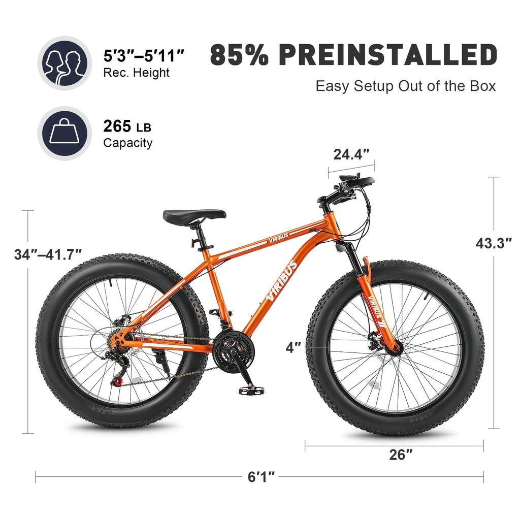 26 Fat Tire Mountain Bike with Front Suspension 21 Speeds Disc Brakes Orange S37064