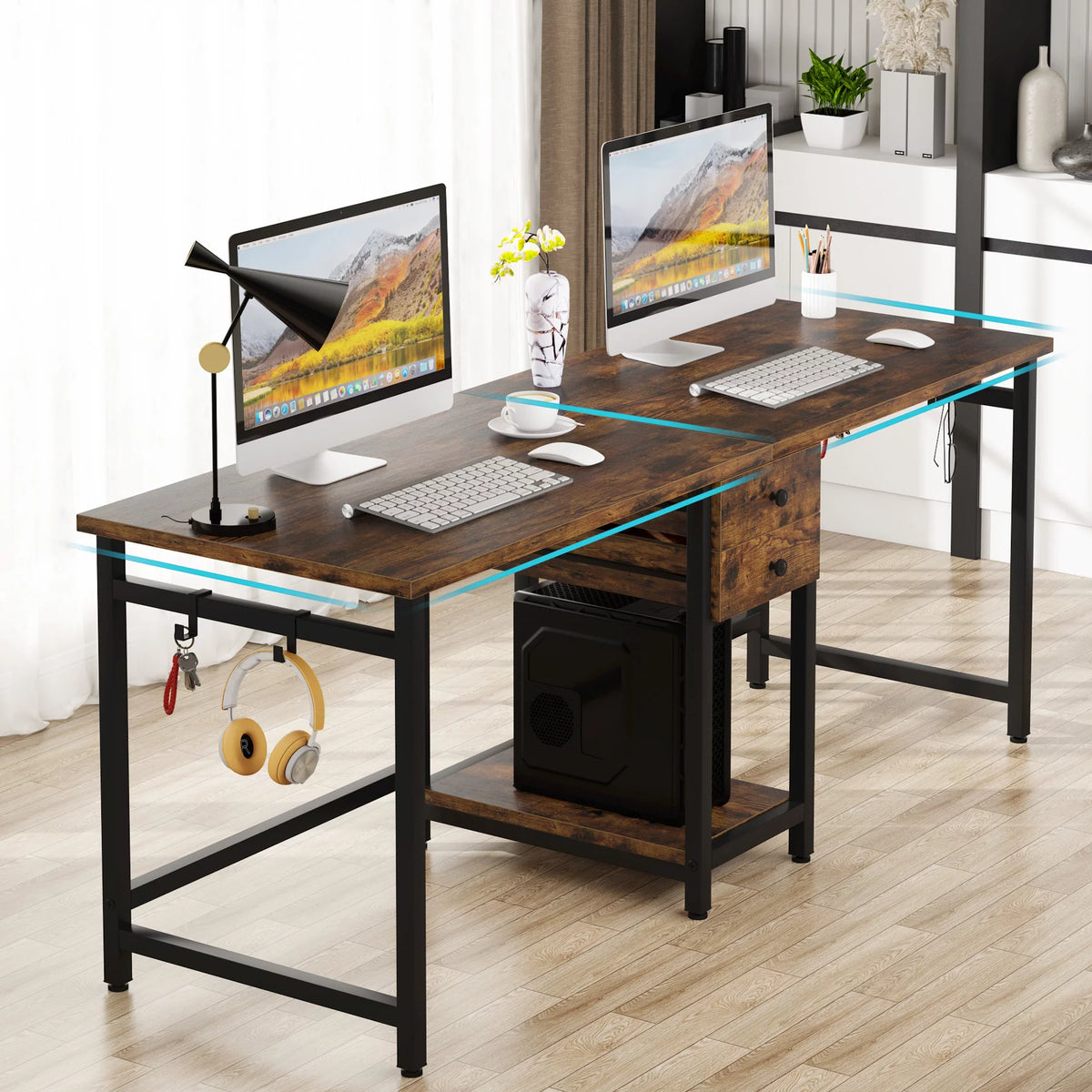 78 Inch 2 Person Desk with 2 Drawers and Storage Shelves K5843