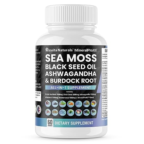 Sea Moss Black Seed Oil Ashwagandha Turmeric Bladderwrack Burdock Vitamin C & D3 Vegan Caps K23551