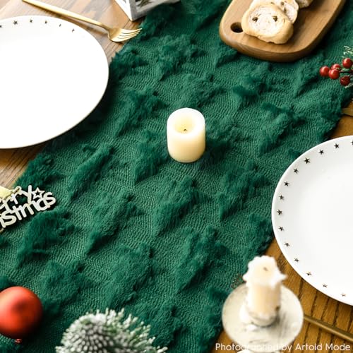 Green Plush Faux Fur Jacquard Christmas Table Runner 13x72 Inch F736488