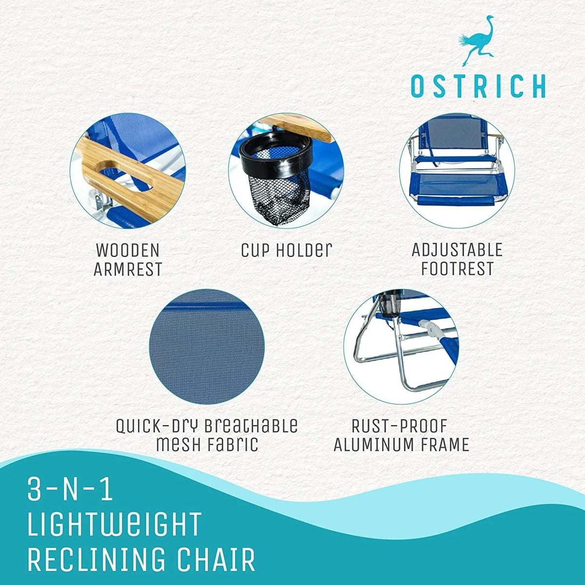 Blue Lightweight Outdoor Beach Lounge Chair with Footrest E99399