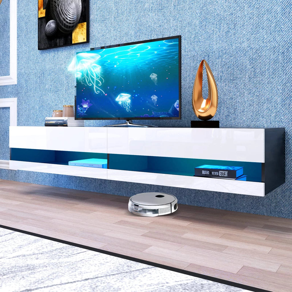 White Black High Gloss Floating TV Stand with LED Lights A4375