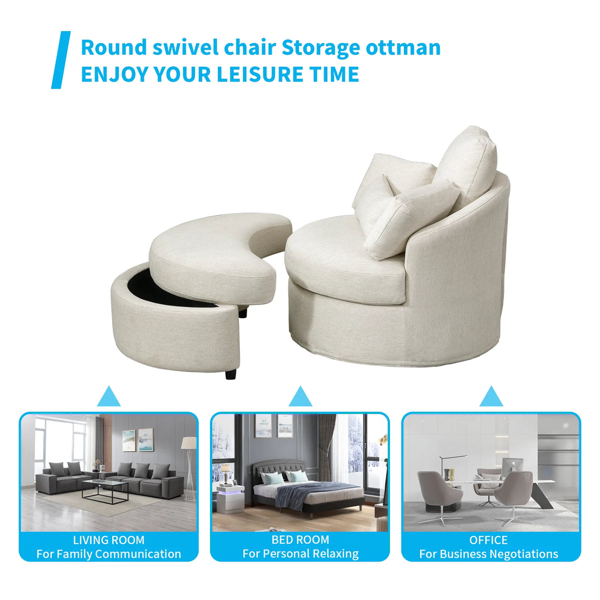 Beige Linen Fabric Swivel Accent Barrel Chair with Storage Ottoman and 3 Pillows D90405