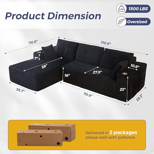 110" Modular Sectional Couch with L-Shape Chaise Black E8863