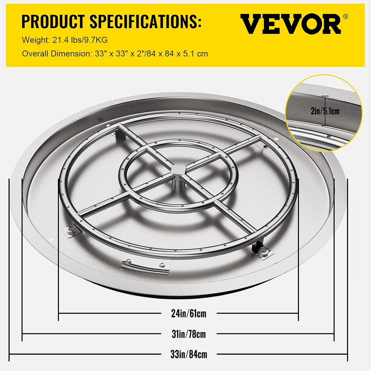 31 x 31 Round Stainless Steel Gas Fire Pit Burner Pan with Volcanic Rock Insert Q79168