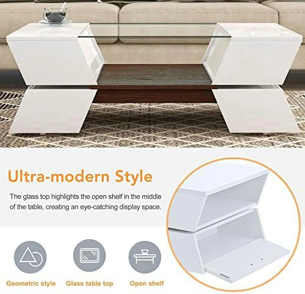 Modern High Gloss 2-Tier Coffee Table with Open Shelves and Cabinets K2917