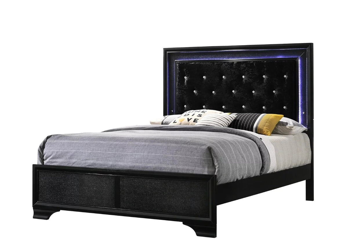 Black Full Size Upholstery LED Bed Dresser Mirror Nightstand Set C8305