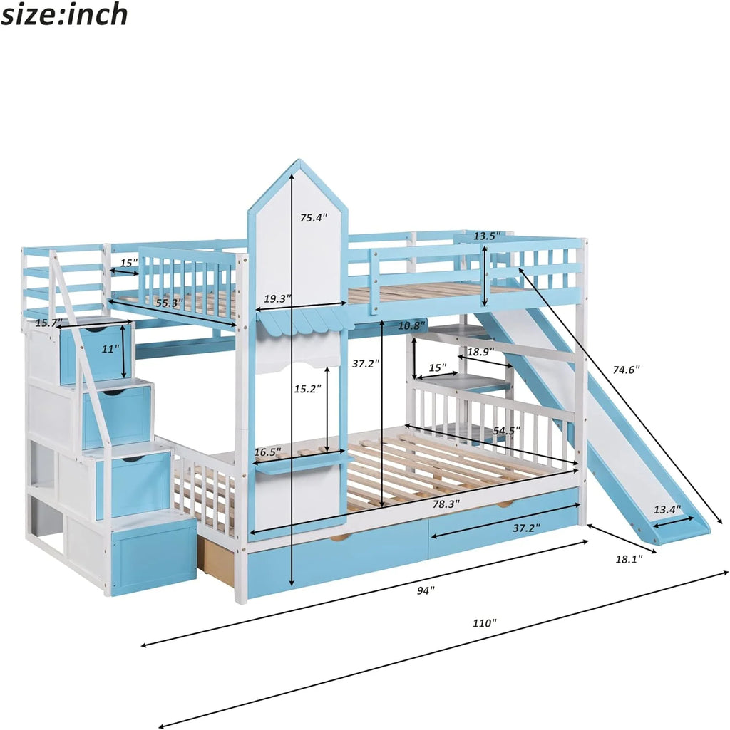Full Over Full Wooden Bunk Bed with Slide Storage Drawers Shelves B506894