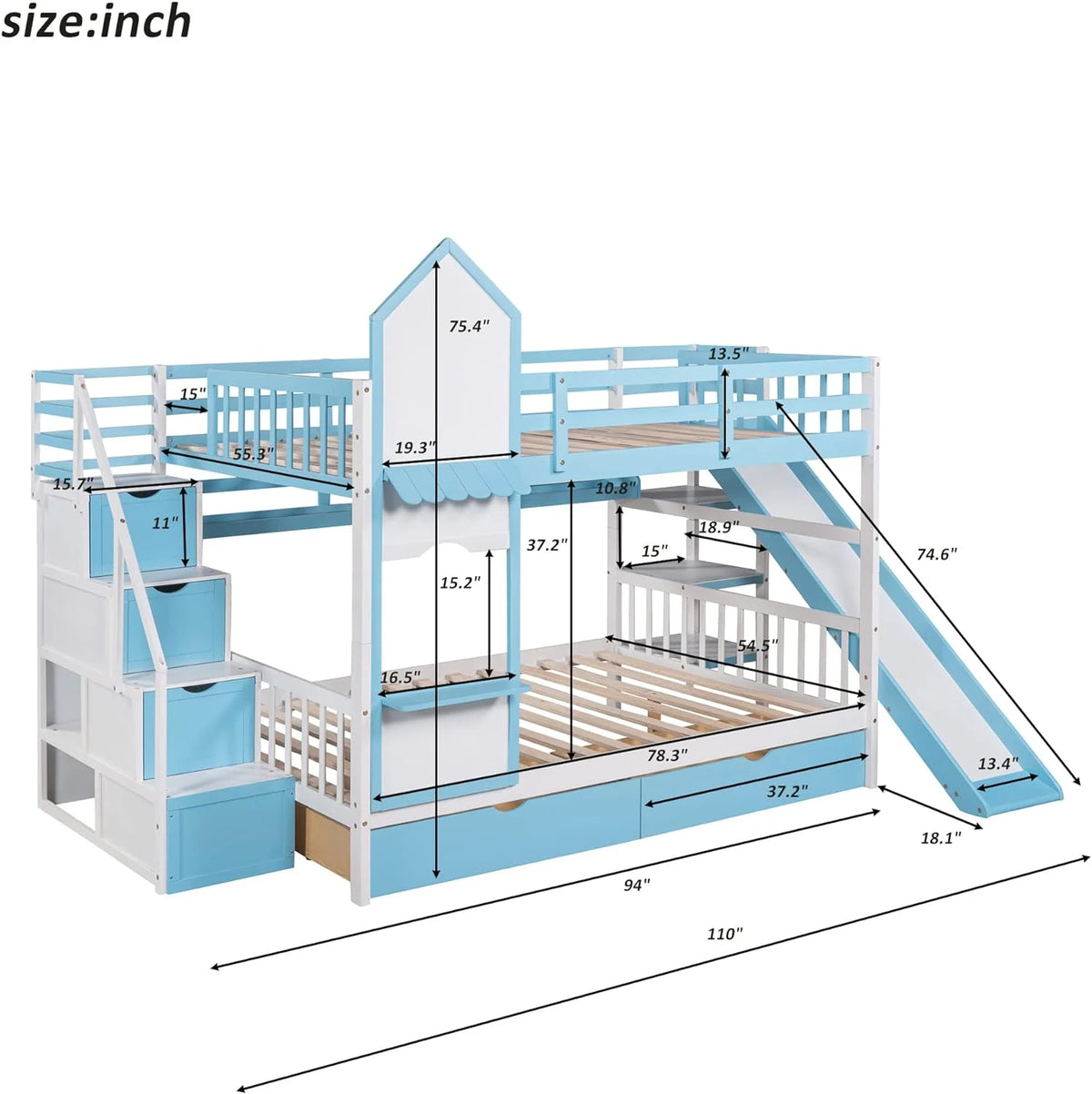 Full Over Full Wooden Bunk Bed with Slide Storage Drawers Shelves B506894