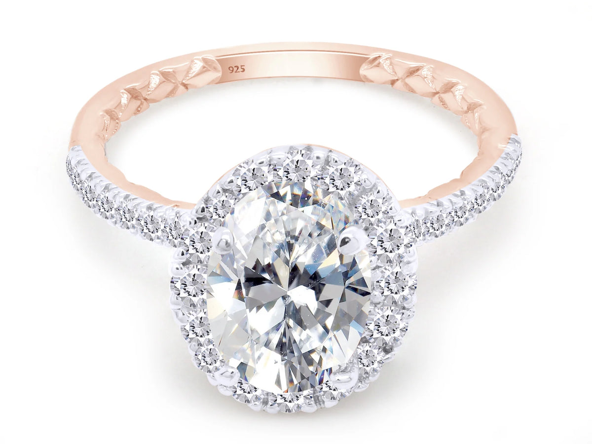 14K Rose Gold Over Sterling Silver Moissanite Solitaire Halo Engagement Ring S224473